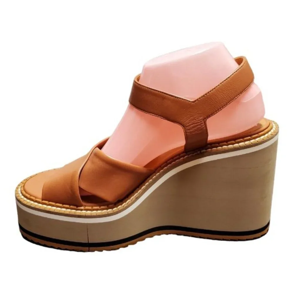NIB Clergerie Noemie Platform Wedge Sandal Brown Leather Size 39.5 /‎ 9.5 NEW